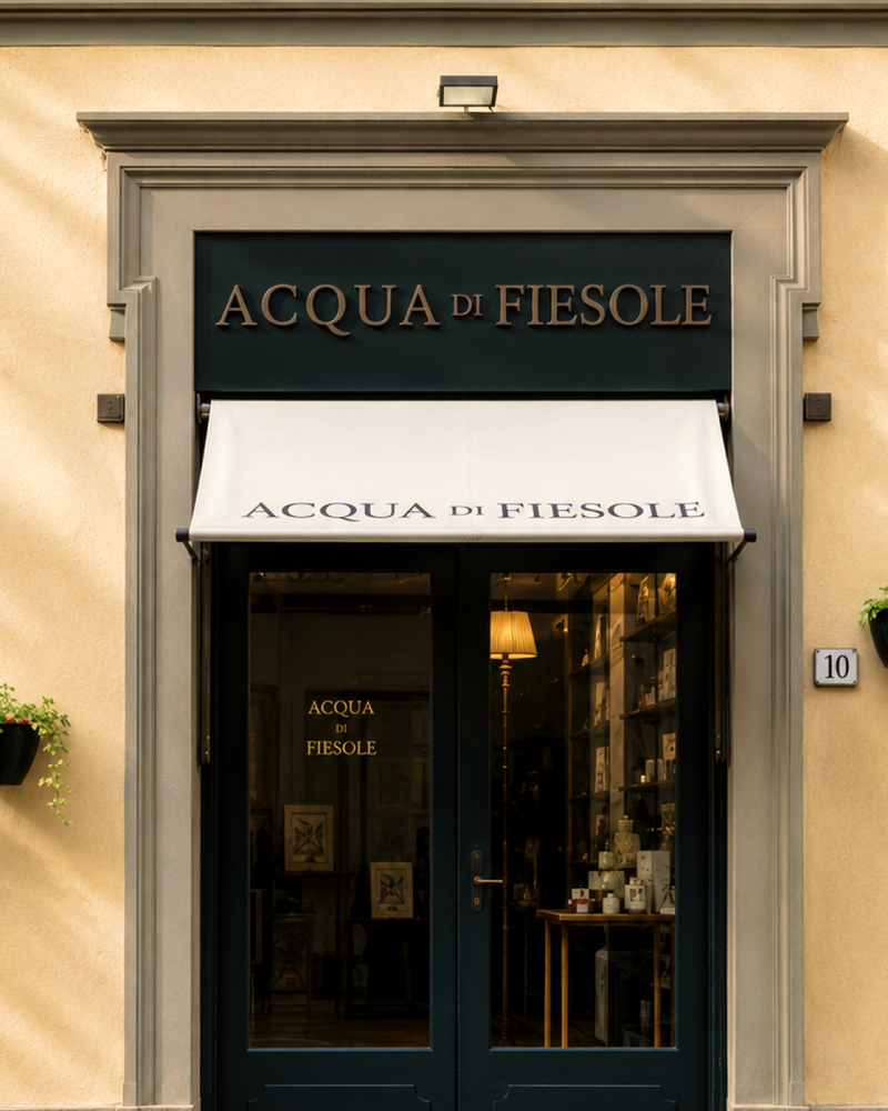 Vetrina della boutique Acqua di Fiesole con insegna e tenda chiara